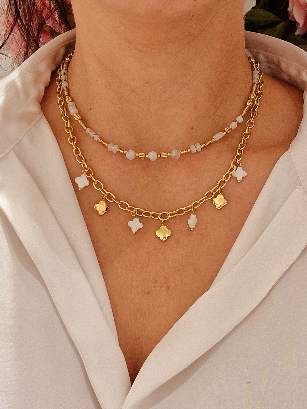 COLLIER ELLYN PIERRE HOWLITE ET QUARTZ ACIER OR