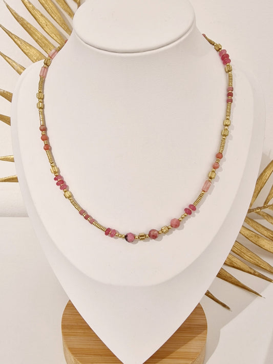 COLLIER ELLYN PIERRE RHODONITE ACIER OR