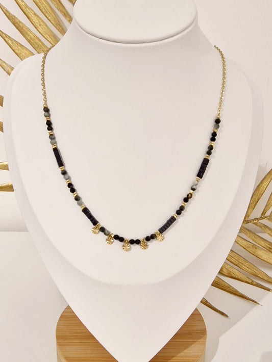 COLLIER KAMILLE PIERRE ONYX ACIER OR