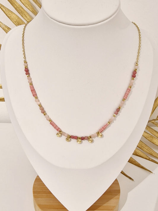COLLIER KAMILLE PIERRE RHODONITE ACIER OR