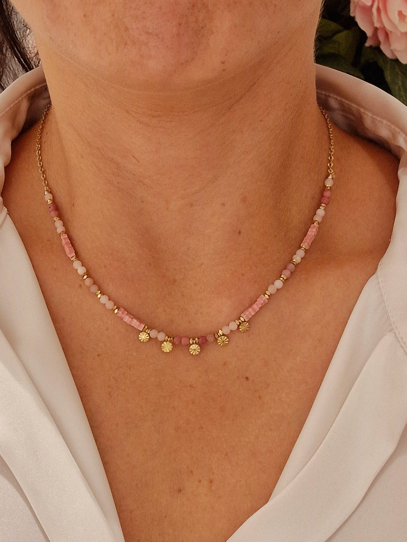 COLLIER KAMILLE PIERRE RHODONITE ACIER OR