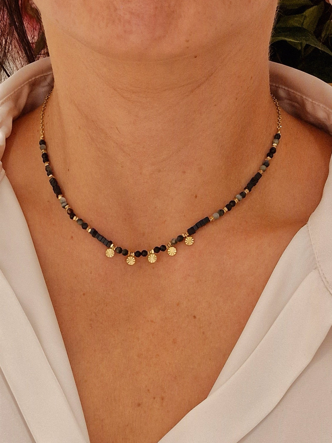 COLLIER KAMILLE PIERRE ONYX ACIER OR