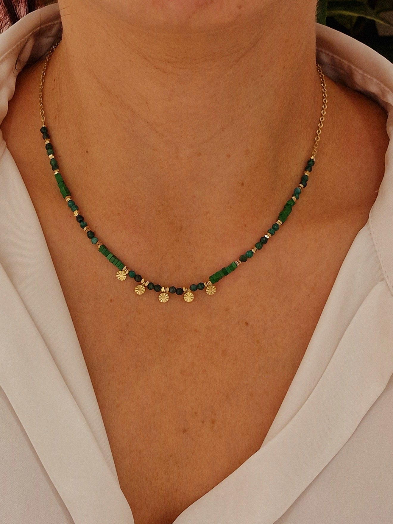 COLLIER KAMILLE PIERRE AVENTURINE ACIER OR