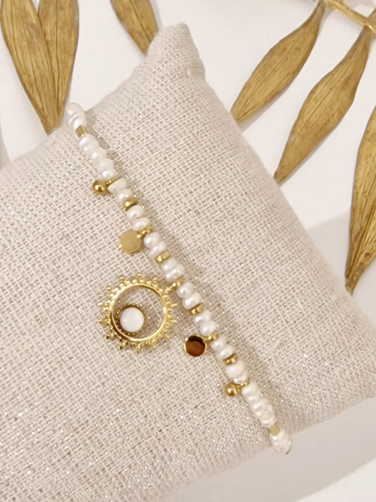 BRACELET SOLEIL PIERRE D'EAU DOUCE ACIER OR