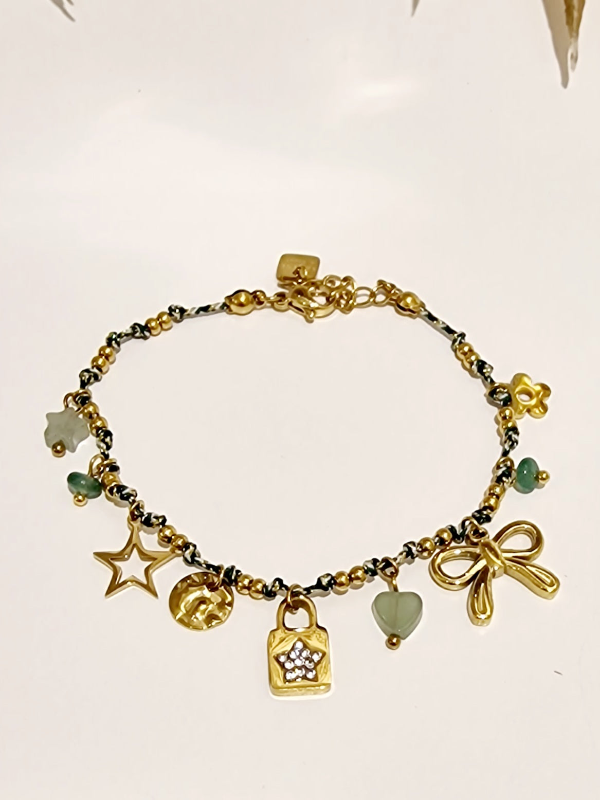 BRACELET VERT NOEUD ACIER OR