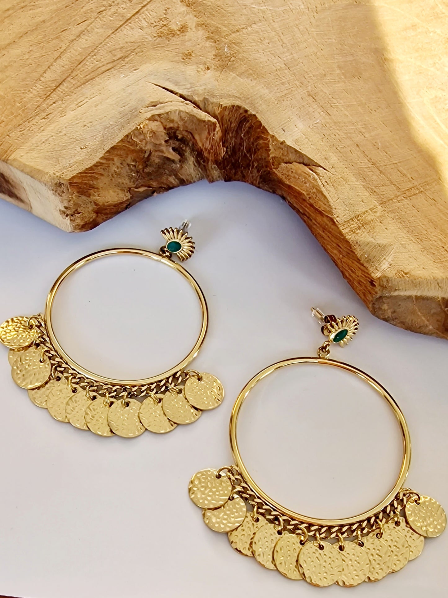 BOUCLES D'OREILLES ANYA ACIER OR VERT