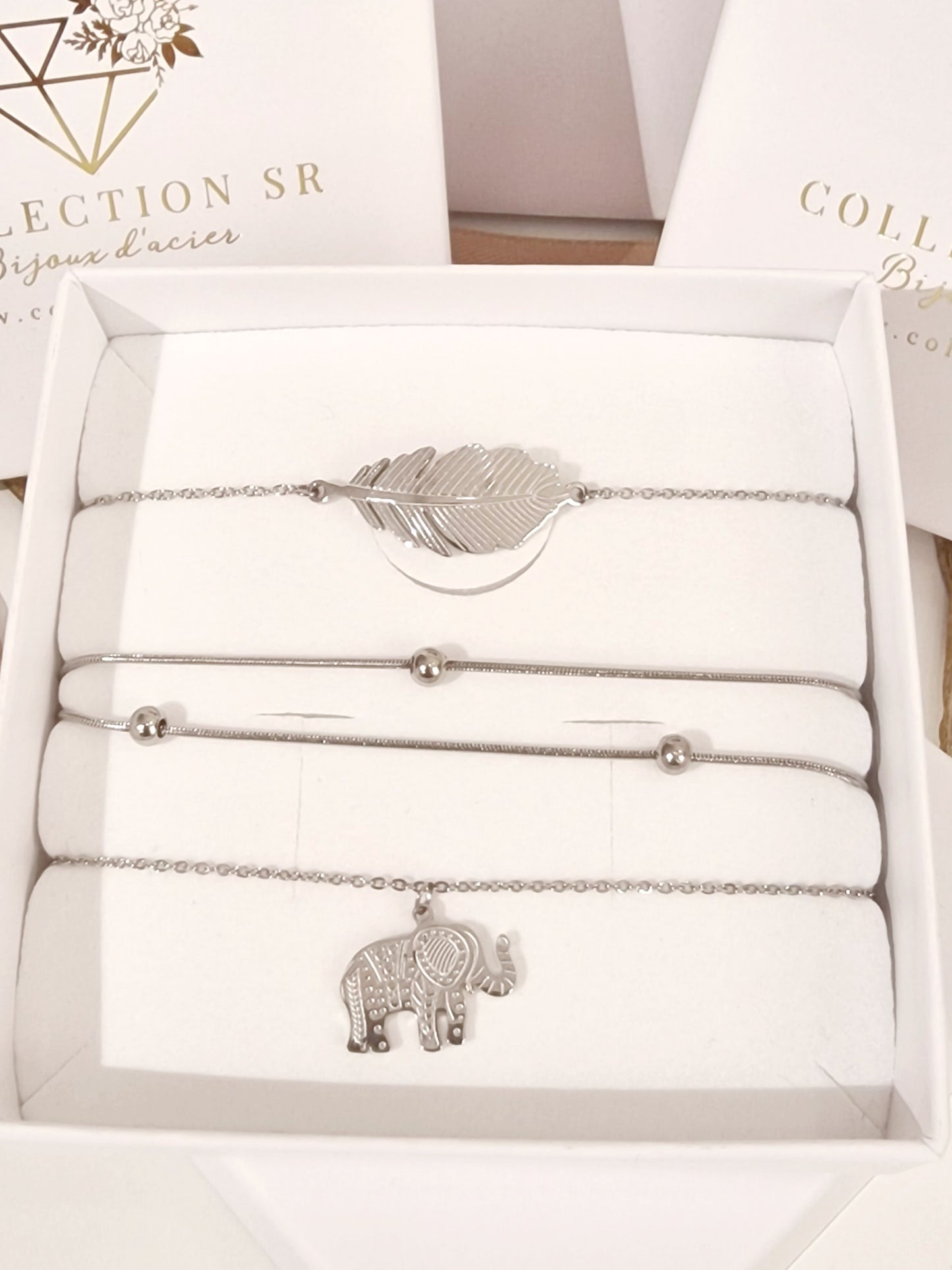 COFFRET COMPO 3 BRACELETS ROSE ACIER ARGENT