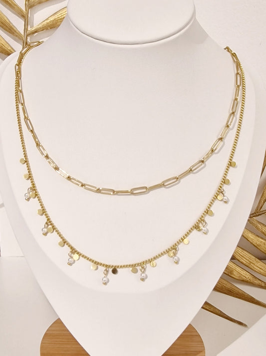 COLLIER 2 EN UN LUCILE ACIER OR PERLE D'EAU DOUCE