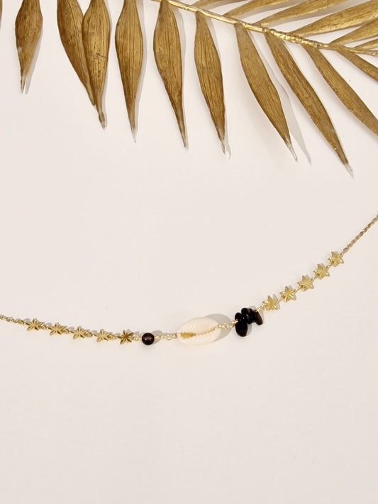 CHAINE DE CHEVILLE CASSIA ACIER OR PIERRE NOIR