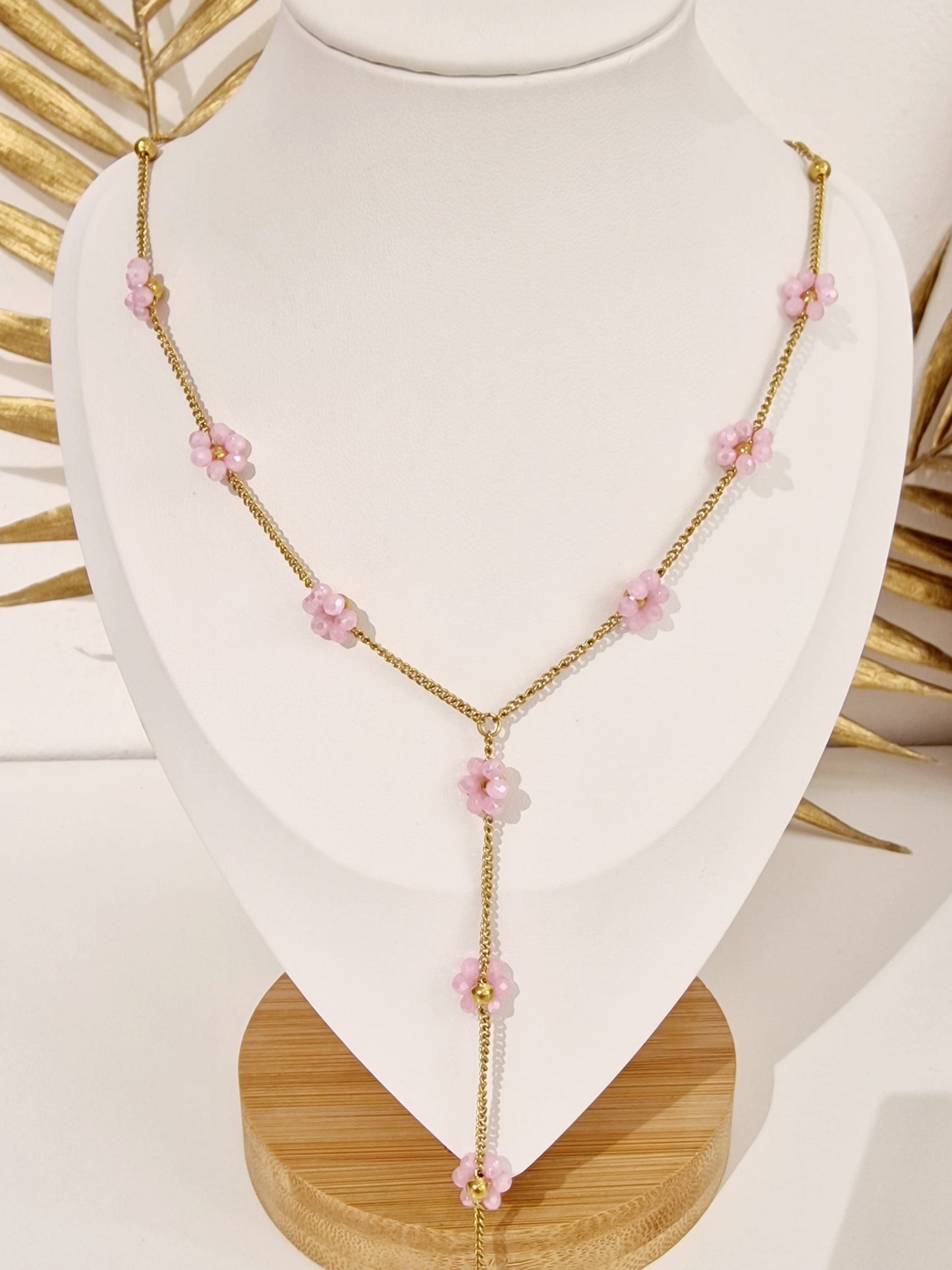 COLLIER SIERA ACIER OR FLEURS ROSES