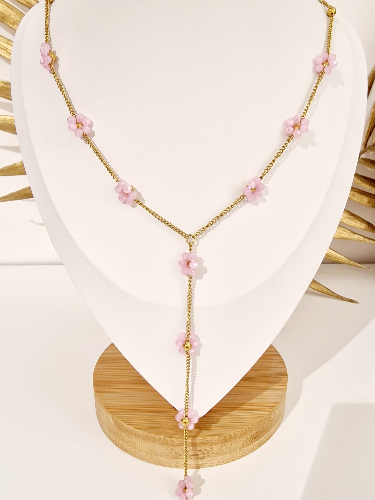 COLLIER SIERA ACIER OR FLEURS ROSES