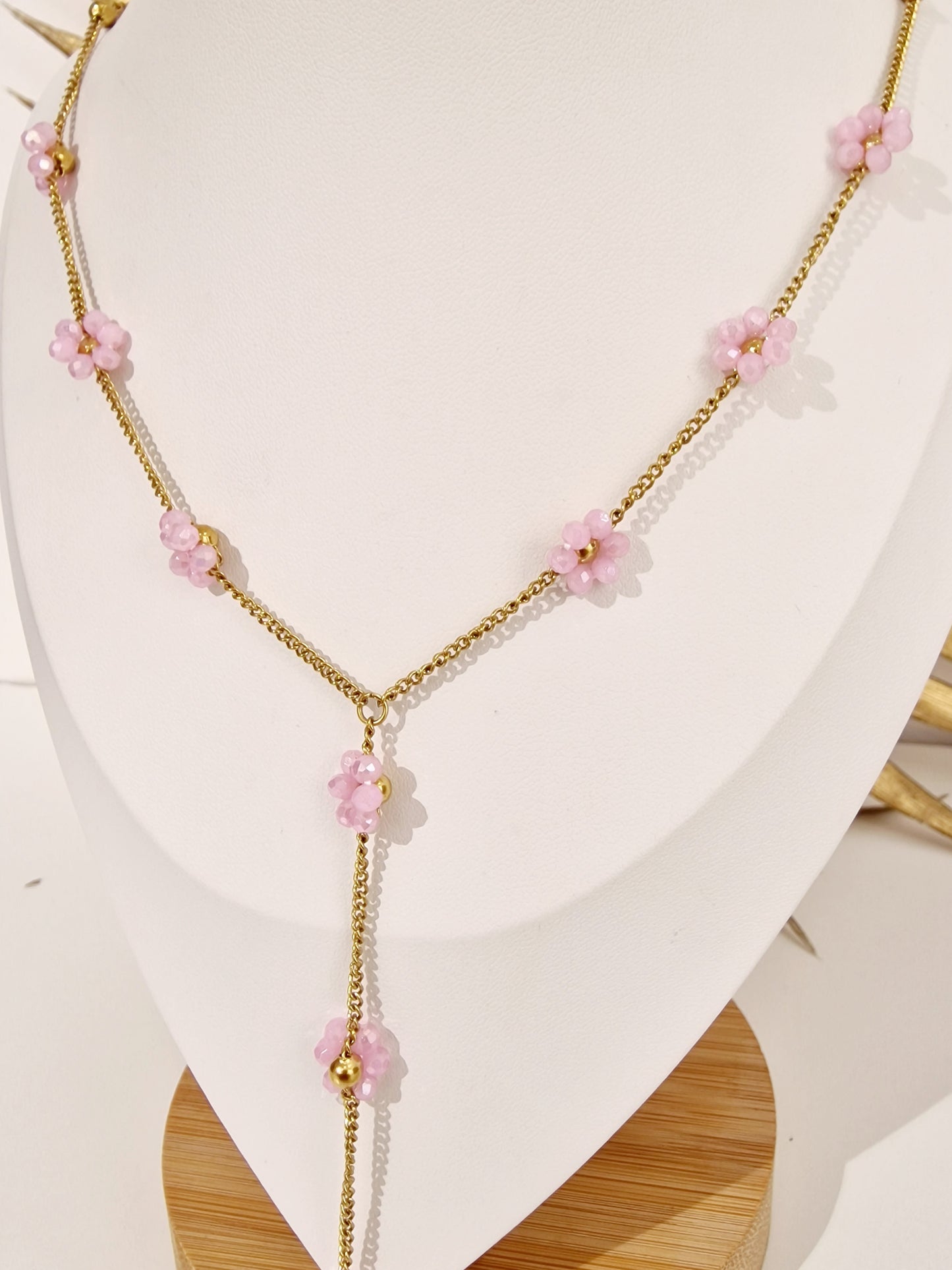 COLLIER SIERA ACIER OR FLEURS ROSES