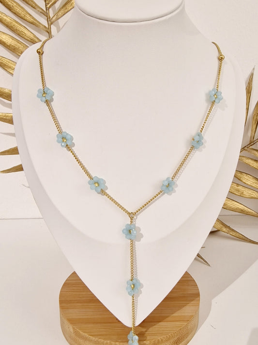 COLLIER SIERA ACIER OR FLEURES BLEU TURQUOISE