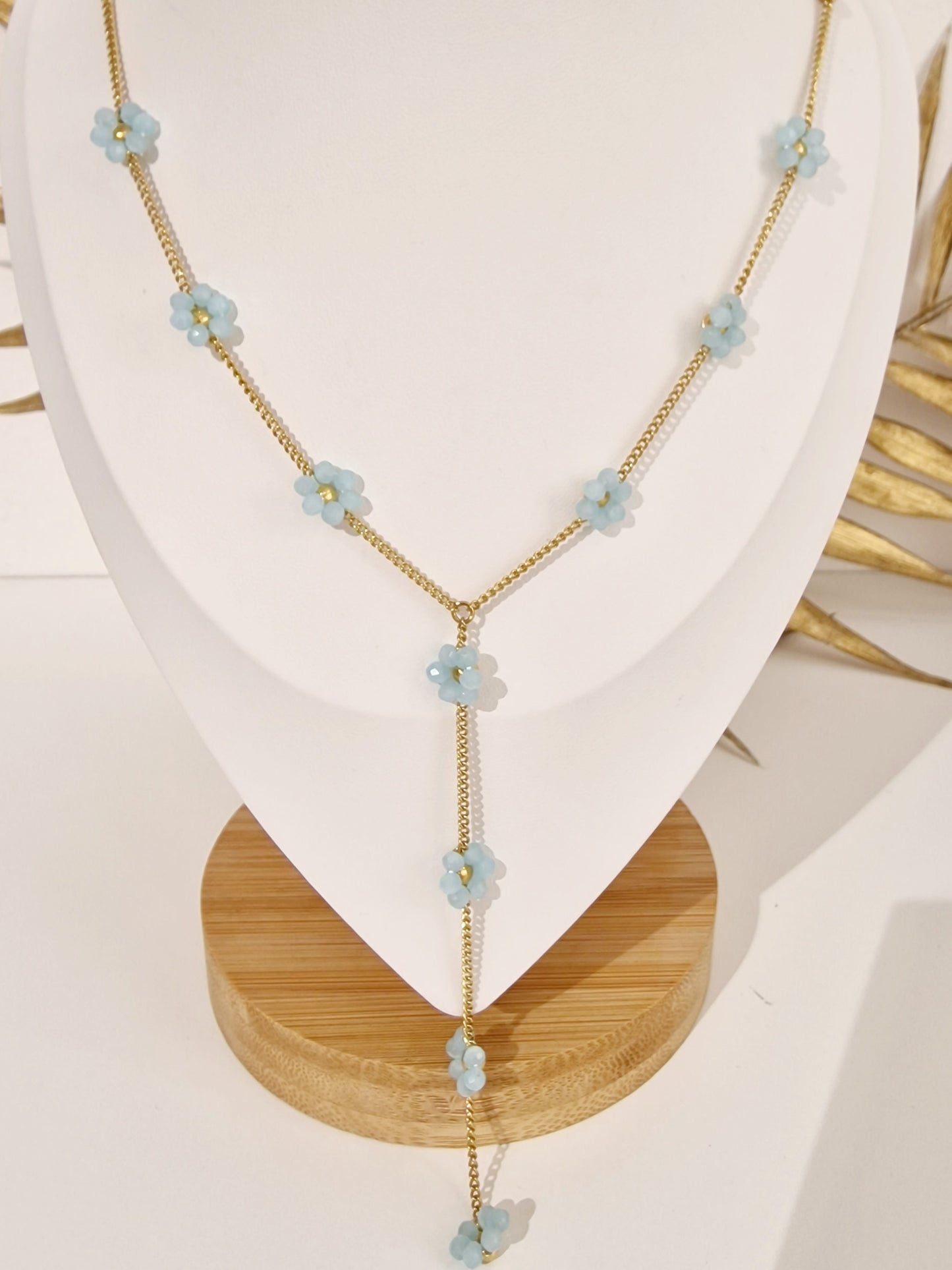 COLLIER SIERA ACIER OR FLEURES BLEU TURQUOISE