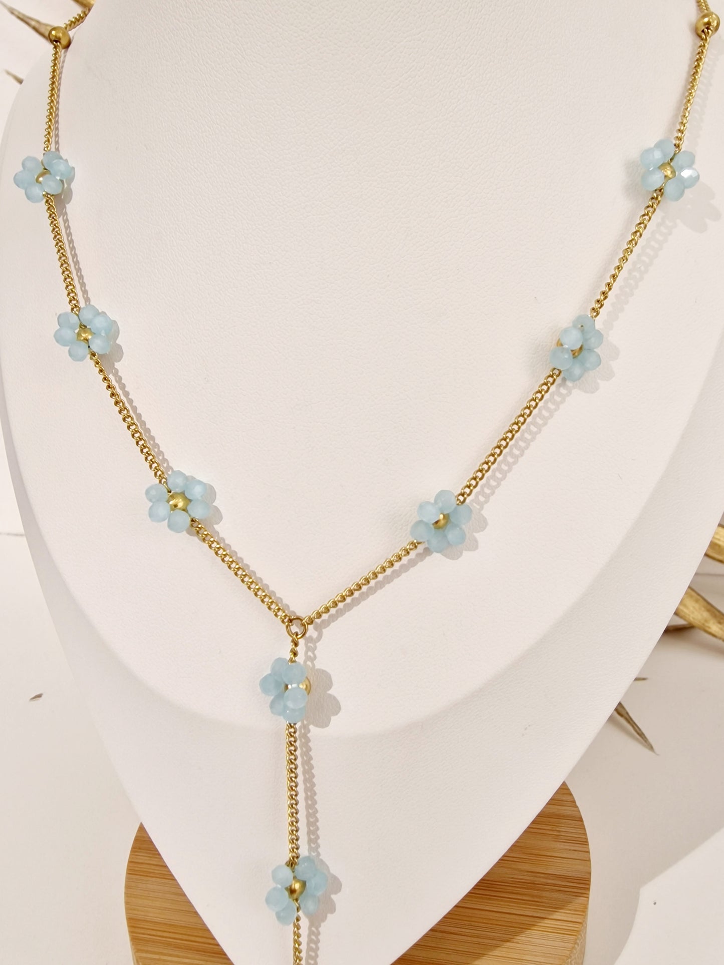 COLLIER SIERA ACIER OR FLEURES BLEU TURQUOISE