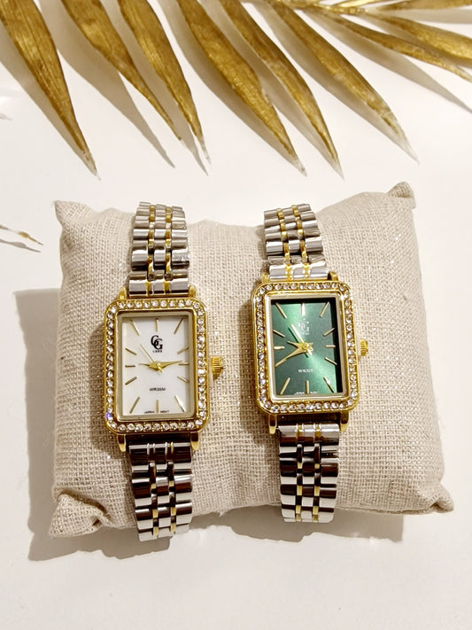 MONTRE JADE ACIER ARGENT ET DORÉ