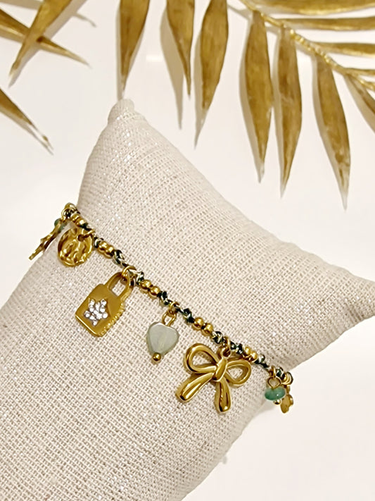 BRACELET VERT NOEUD ACIER OR