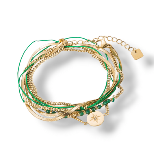 BRACELET MULTI-RANG NORA AGATE VERTE ACIER OR