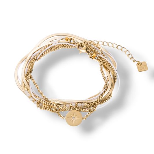 BRACELET MULTI-RANG NORA AGATE BLANC ACIER OR